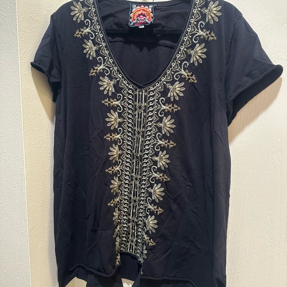 Johnny Was Black Tee with Gold Embroidery